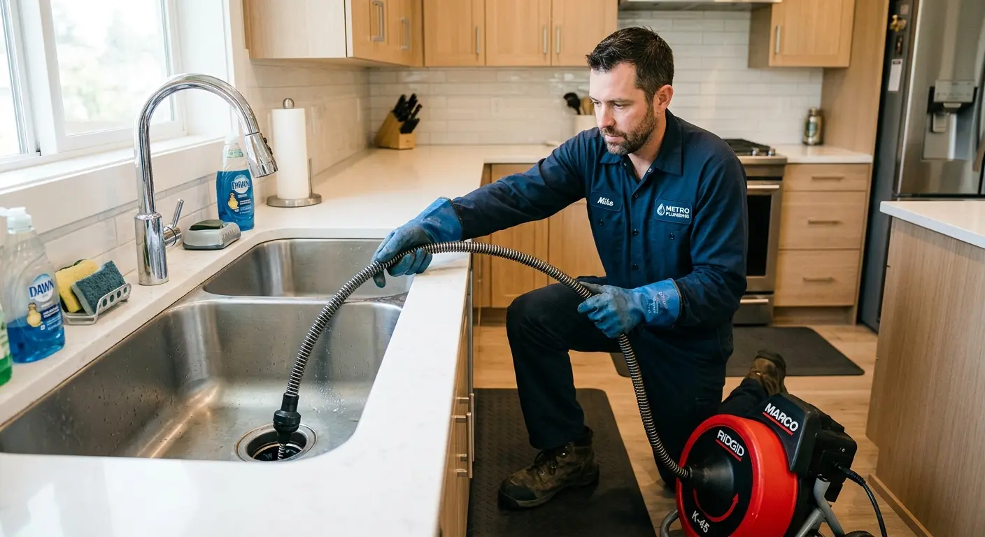 Drain cleaning technician using a motorized snake on a kitchen sink in Gantt