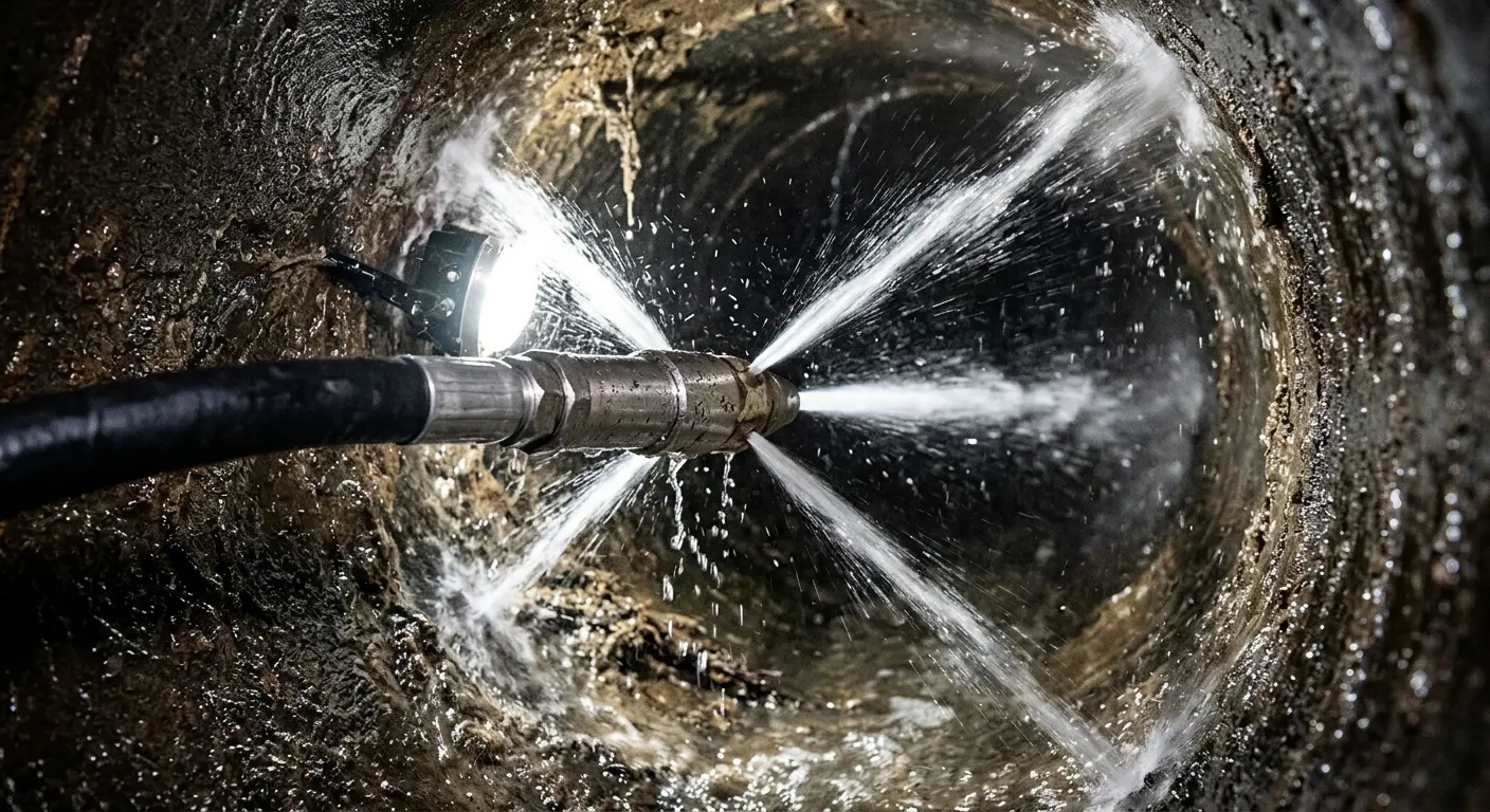 High-pressure hydro jetting nozzle cleaning sewer pipe for Emergency Drain Service in Gantt