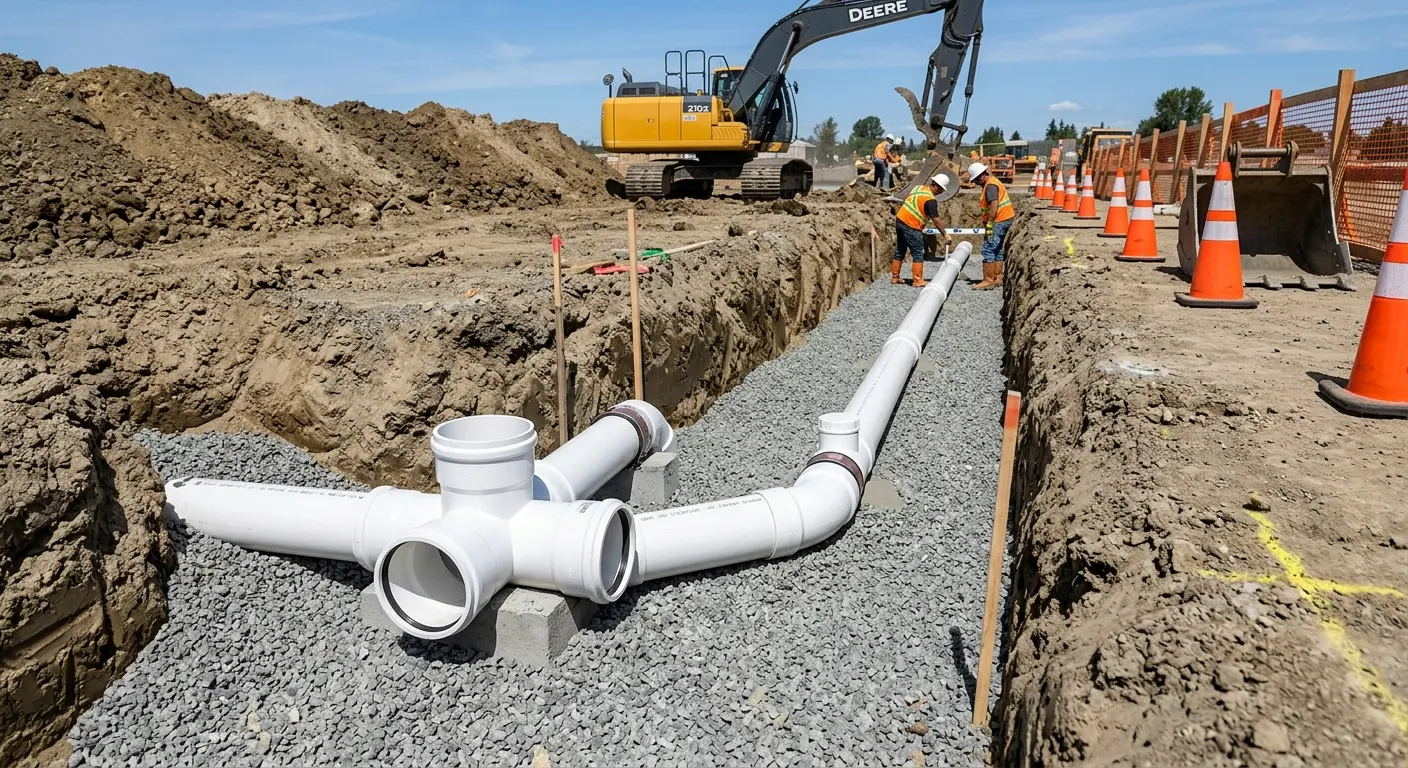 New PVC sewer pipe installation in open trench for Commercial Drain Cleaning in Gantt