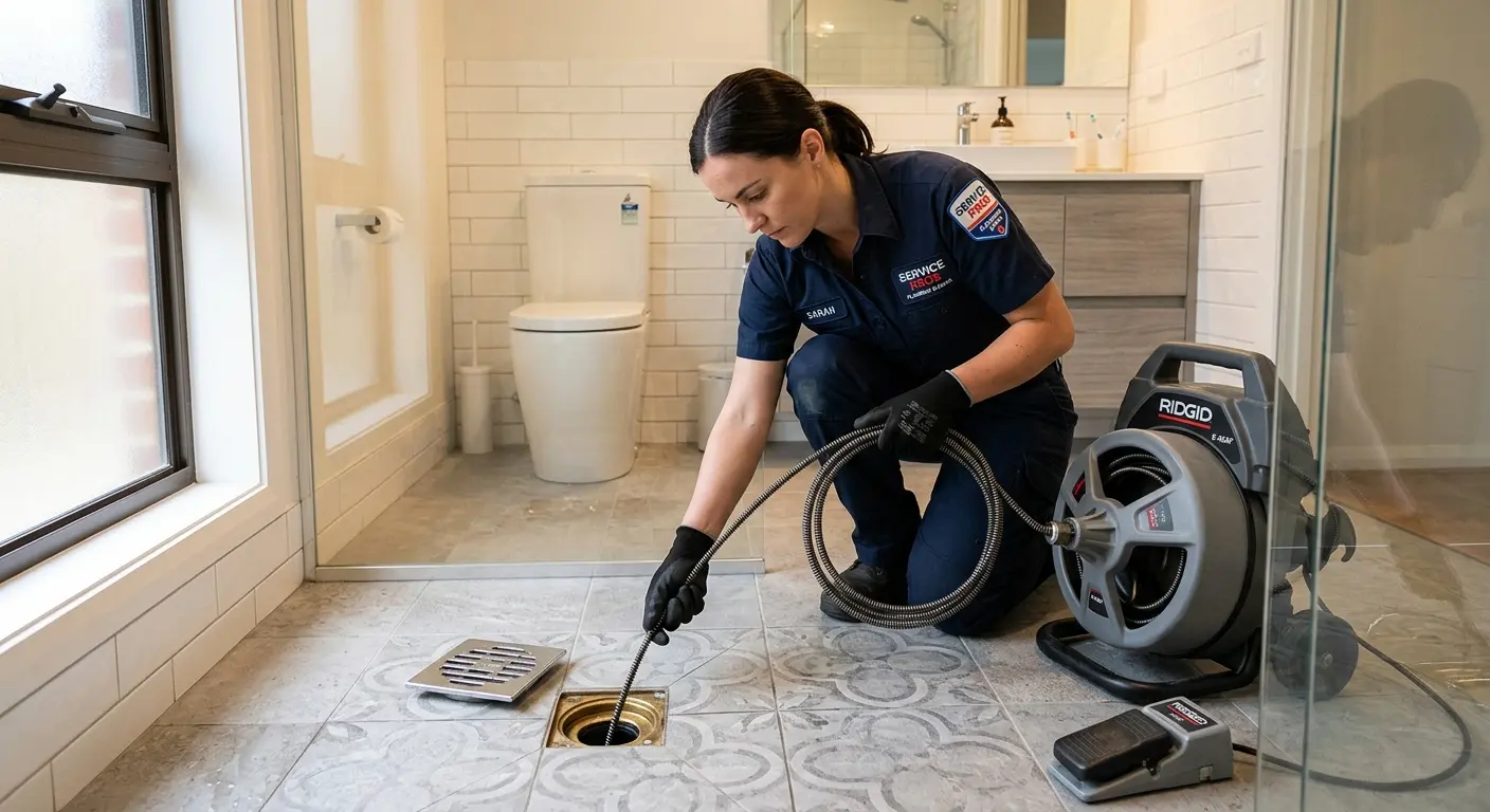Technician clearing a bathroom floor drain for Sewer Line Replacement in Gantt